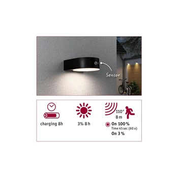 Paulmann 94570 Outdoor Solar kültéri fali lámpa, fekete, 3000K melegfehér, 400 lm, IP44