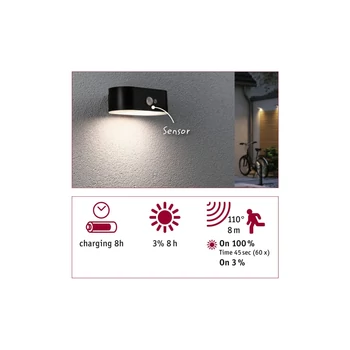 Paulmann 94571 Outdoor Solar kültéri fali lámpa, fekete, 3000K melegfehér, 200 lm, IP44