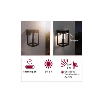 Paulmann 94572 Outdoor Solar kültéri fali lámpa, fekete, 3000K melegfehér, 350 lm, IP44