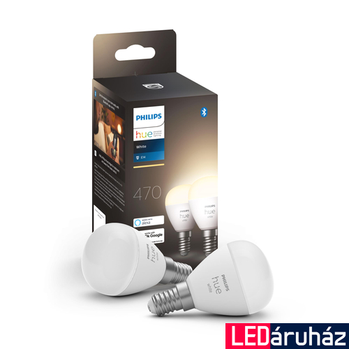 Philips Hue E14 White 2700K LED dupla csomag, kisgömb, 2x5,5W, 2x470 lm, Bluetooth+Zigbee, 8719514356771