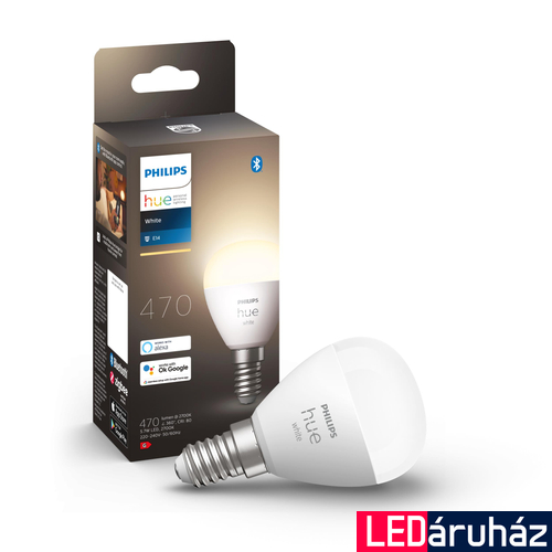 Philips Hue E14 White 2700K LED fényforrás, kisgömb, 5,5W, 470 lm, Bluetooth+Zigbee, 8719514356696