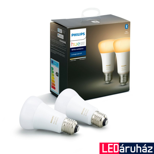 Philips Hue White Ambiance E27 LED dupla csomag, 2200-6500K, 8,5W, 806 lm, Bluetooth+Zigbee, 8719514328242
