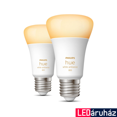 Philips Hue White Ambiance E27 LED fényforrás dupla csomag, 2xE27, 6W, 830lm, 2200-6500K változtatható fehér, 8719514328242
