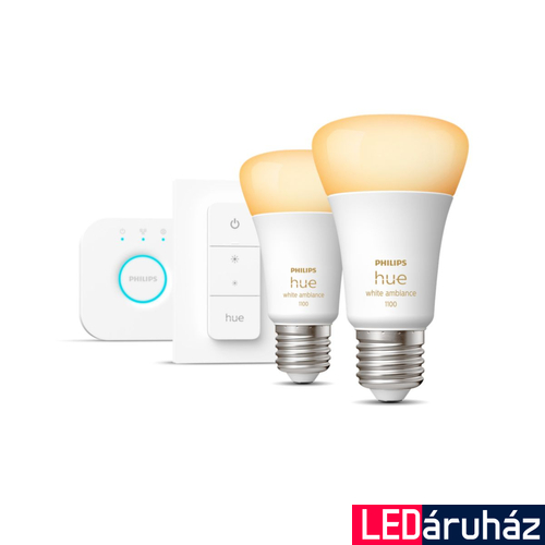 Philips Hue White Ambiance E27 LED fényforrás kezdőszett, 2xE27, 8W, 1100lm, 2200-6500K változtatható fehér + Bridge + DimSwitch, 8719514291812