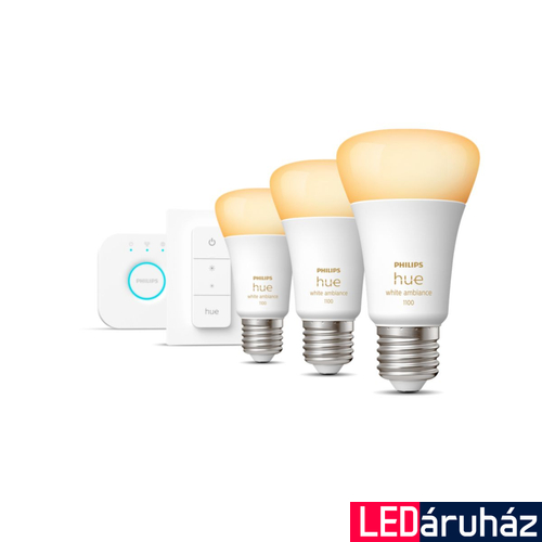 Philips Hue White Ambiance E27 LED fényforrás kezdőszett, 3xE27, 8W, 1100lm, 2200-6500K változtatható fehér + Bridge + DimSwitch, 8719514291232