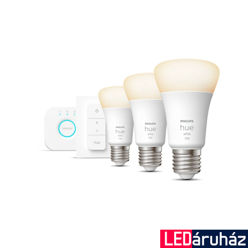 Philips Hue White E27 LED kezdőcsomag, 3xE27, 9,5W, 1055lm, 2700K melegfehér + Bridge + DimSwitch, 8719514289130