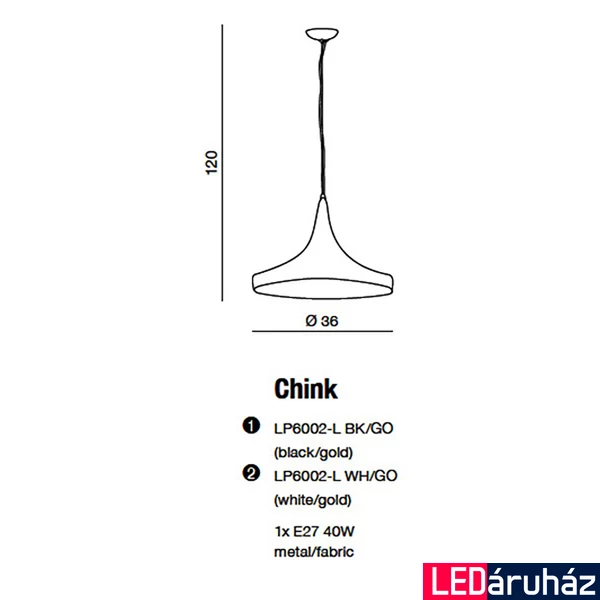 Azzardo Chink 1 ágú függeszték, fehér, E27, 1x28W, AZ-1342