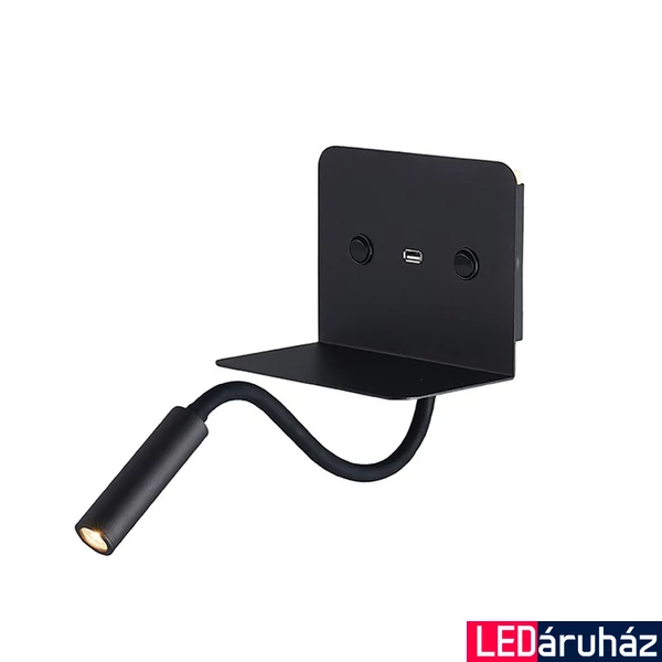 Azzardo Vera fali lámpa, polc funkcióval, usb csatlakozóval, kapcsolóval, fekete, 3000K melegfehér, beépített LED, 6+3W, 510 lm, AZ-3201