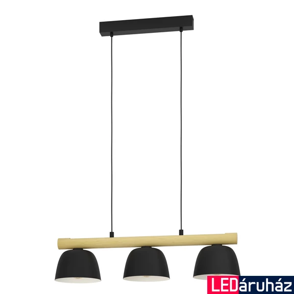 Eglo 43739 Sherburn több ágú függeszték, 3db foglalattal, fa díszítéssel, fekete, E27 foglalattal, max. 3x40W, IP20