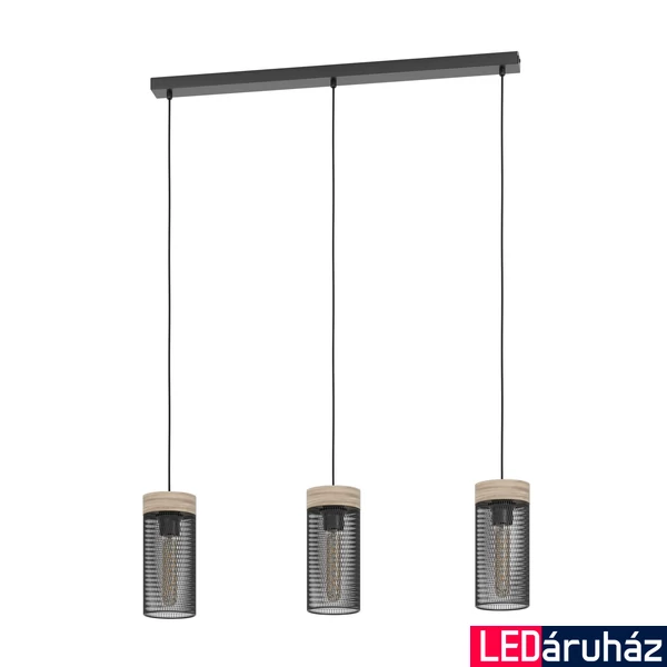 Eglo 43834 Kilnsdale több ágú függeszték, fémrács burával, fa részletekkel, fekete, E27 foglalattal, max. 3x40W, IP20