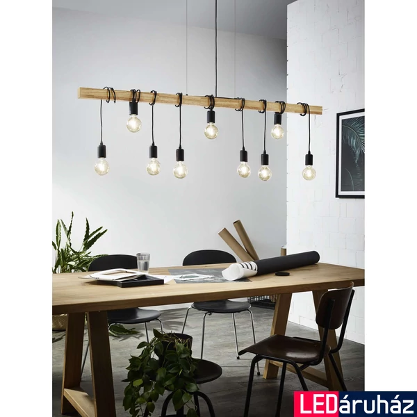Eglo 49744 Townshend több ágú függeszték, 9 db lámpafej, fekete/tölgy, fa díszítéssel, fekete, E27 foglalattal, max. 9x60W, IP20