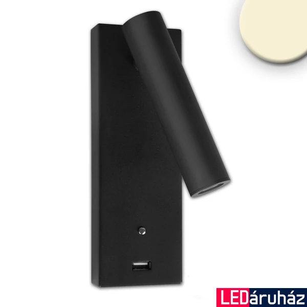 LED olvasólámpa, 3W, fekete, USB A töltoaljzattal, melegfehér, 3 fokozatban dimmelheto