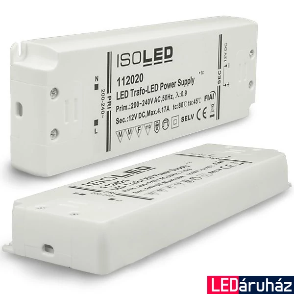 LED tápegység 12V DC, 0-50W, ultra-lapos, SELV