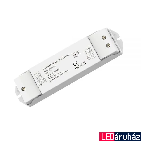 ProSystem 1 csatornás LED fényerőszabályzó, monokróm, 40-230V PUSH+TRIAC bemenettel, 12-48V DC, 15A