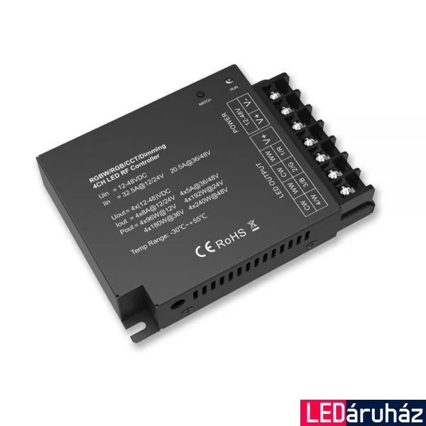 ProSystem 4 csatornás LED fényerőszabályzó, mono/CCT/RGB/RGBW, 12-24V DC, 4x8A, 36-48V DC, 4x5A