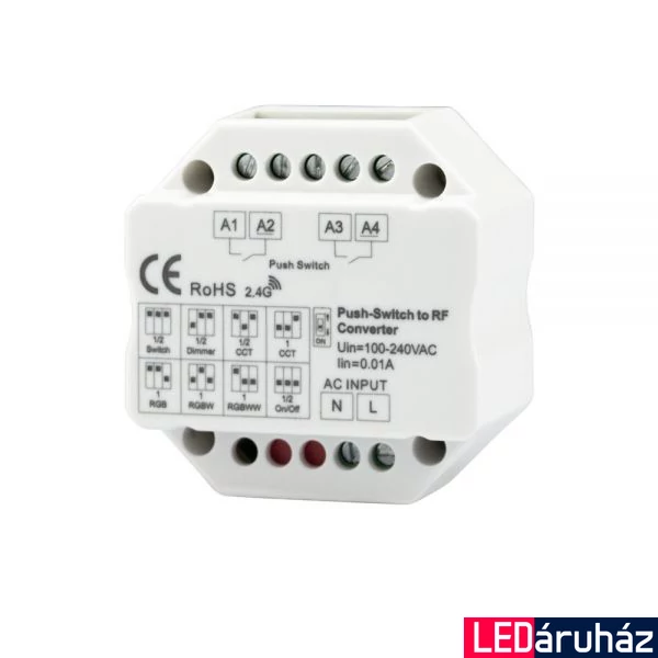 ProSystem kapcsoló mögé építhető modul Push/RF vezérlő, On-OFF/mono/CCT/RGB/RGBW üzemmód, 100-240V