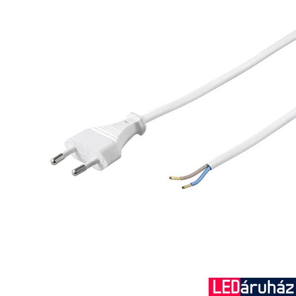 2 eres szerelt vezeték dugvillával, 2x0,75 mm2, fehér, 2 m, kapcsoló nélkül