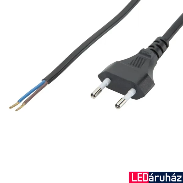 2 eres szerelt vezeték dugvillával, 2x0,75 mm2, fekete, 2 m, kapcsoló nélkül