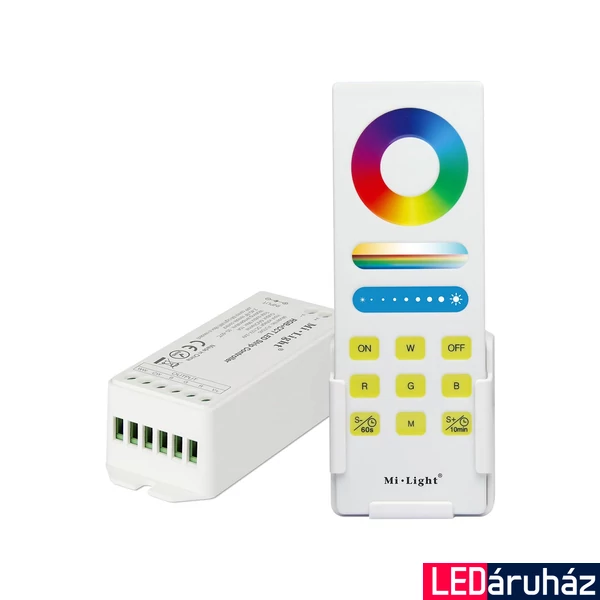 Mi-Light FUT045A RGB+CCT Smart LED vezérlő + távirányító, fali tartóval, érintőgombos, 15A, 12-24V DC