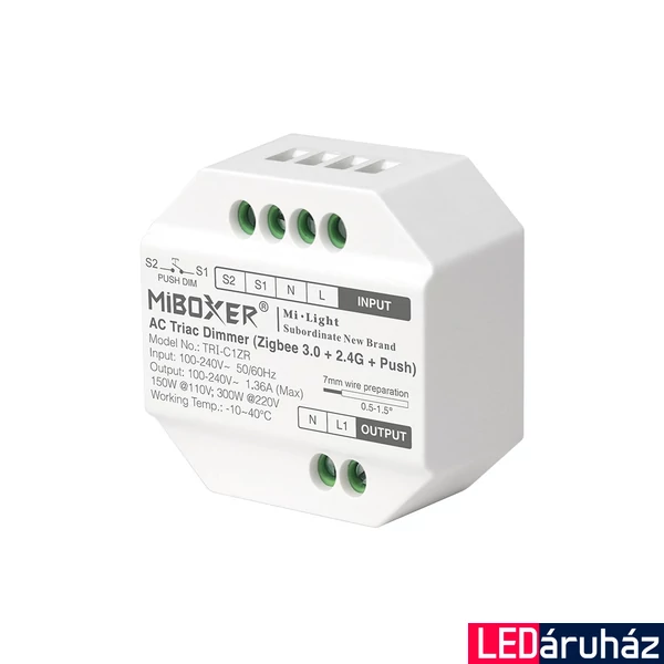 Mi-Light MIBOXER TRI-C1ZR 230V Triac fázishasításos dimmer (relé üzemmóddal) (Zigbee 3.0 + 2.4G + Push)