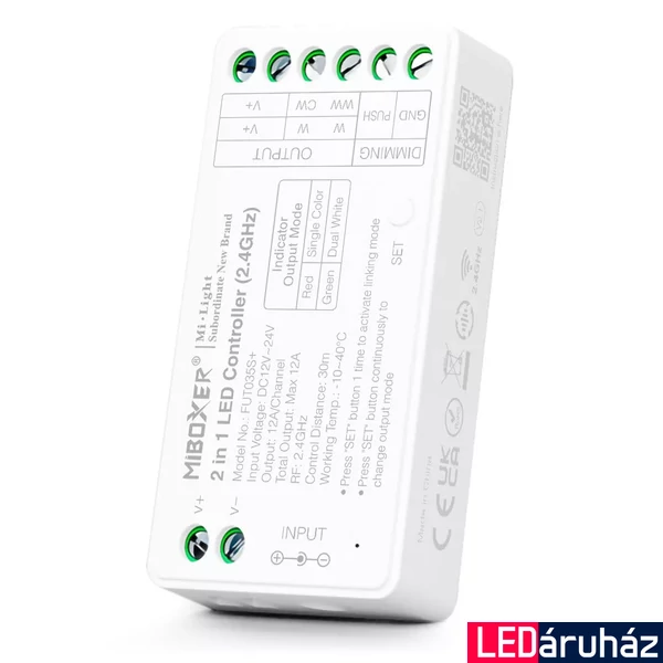 Mi-Light FUT035S+ SLIM 2 az 1-ben Dimmer/CCT LED vezérlő, 12A, 12-24V DC