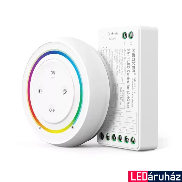 Mi-Light FUT037SA+ SLIM 3 az 1-ben RGB/RGBW/RGB-CCT LED vezérlő, 12A, 12-24V DC, fehér touch mágneses fali távirányítóval