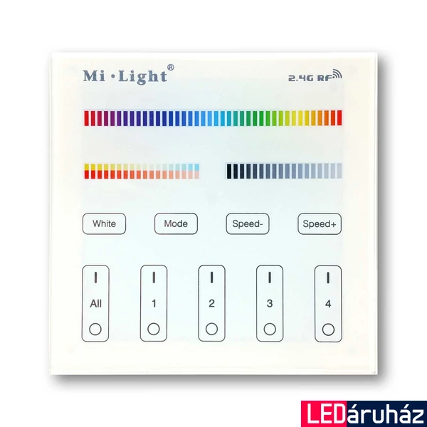 Mi-Light B4 RGB+CCT fali vezérlő, elemes, RF, 86x86 mm, 4 zónás