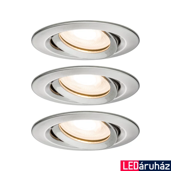 Paulmann 92900 Nova fürdőszobai beépíthető lámpa, 93 mmx93 mm, kerek, 3db-os szett, billenthető, fényerőszabályozható, szálcsiszolt, 2700K melegfehér, 3x GU10 foglalat, 460 lm, IP65