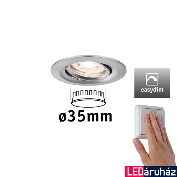 Paulmann 92972 Nova Mini beépíthető lámpa, kerek, fényerőszabályozható, billenthető, szálcsiszolt, 2700K melegfehér, Coin foglalat, 300 lm, IP23