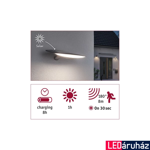 Paulmann 94338 Outdoor solar Kiran kültéri fali lámpa, fehér, 3000K melegfehér, beépített LED, 600 lm, IP44