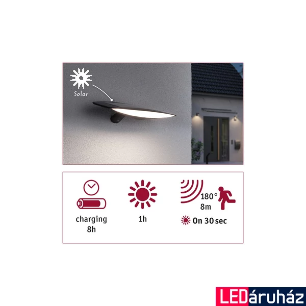 Paulmann 94339 Outdoor solar Kiran kültéri fali lámpa, antracit, 3000K melegfehér, beépített LED, 600 lm, IP44