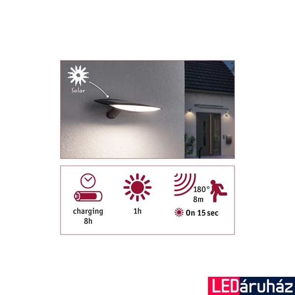 Paulmann 94340 Outdoor solar Kiran kültéri fali lámpa, antracit, 3000K melegfehér, beépített LED, 400 lm, IP44