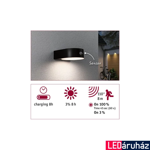 Paulmann 94570 Outdoor Solar kültéri fali lámpa, fekete, 3000K melegfehér, 400 lm, IP44
