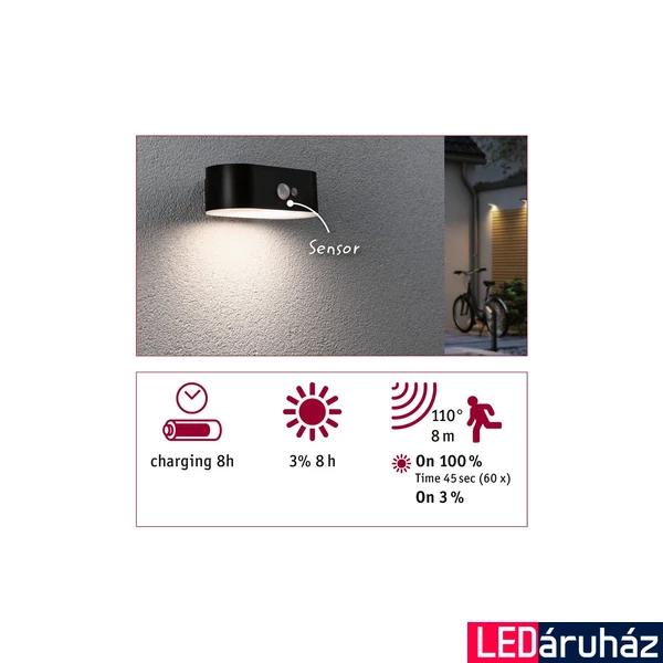 Paulmann 94571 Outdoor Solar kültéri fali lámpa, fekete, 3000K melegfehér, 200 lm, IP44