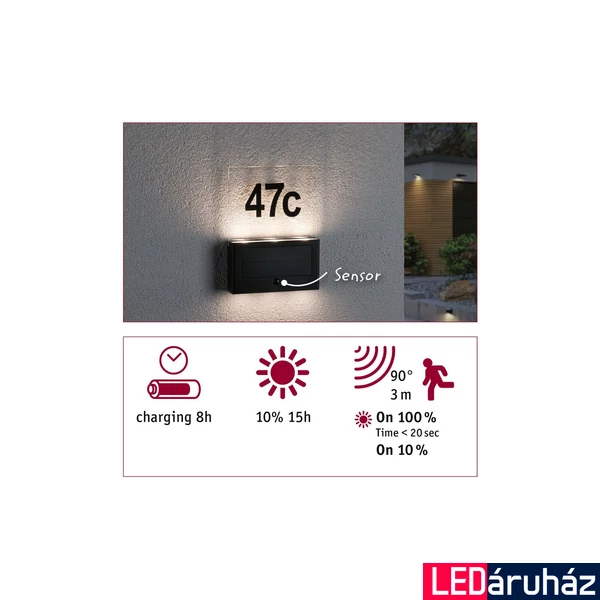 Paulmann 94577 Outdoor Solar kültéri fali lámpa, antracit, 3000K melegfehér, 27 lm, IP44