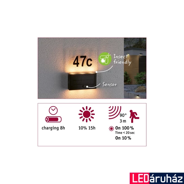 Paulmann 94725 Outdoor Solar kültéri fali lámpa, antracit, 2200K ultra-melegfehér, 18 lm, IP44