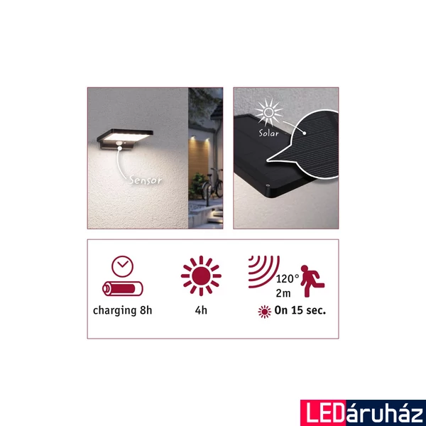 Paulmann 95393 Outdoor Solveig kültéri fali lámpa, fekete, 3000K melegfehér, beépített LED, 350 lm, IP44