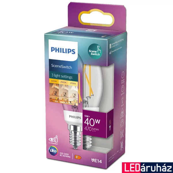 PHILIPS E14 gyertya B35 LED fényforrás, 2200K/2500K/2700K SceneSwitch, 5 W, 470-180-90  lm, CRI 80, 8718699772154