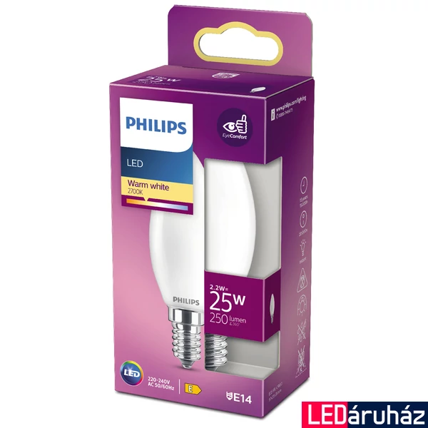 PHILIPS E14 gyertya B35 LED fényforrás, 2700K melegfehér, 2,2 W, 250  lm, CRI 80, 8718699763374