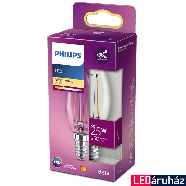 PHILIPS E14 gyertya B35 LED fényforrás, 2700K melegfehér, 2 W, 250  lm, CRI 80, 8718699777531