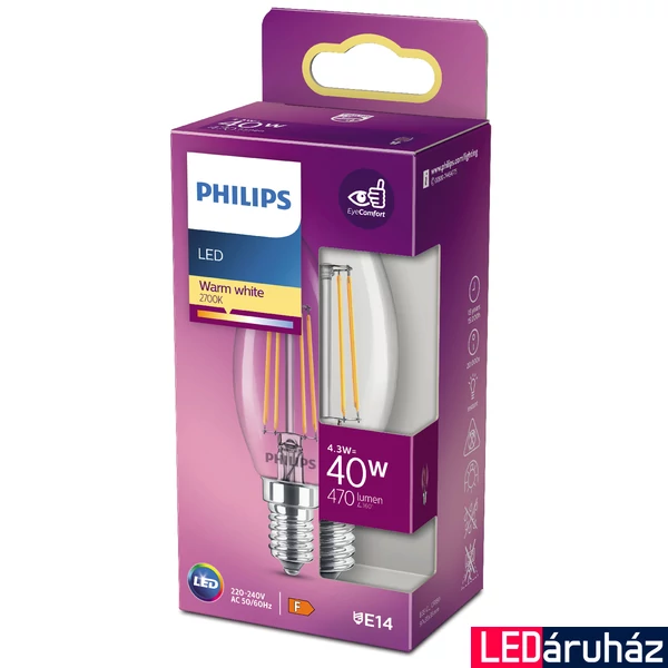 PHILIPS E14 gyertya B35 LED fényforrás, 2700K melegfehér, 4,3 W, 470  lm, CRI 80, 8718699763077