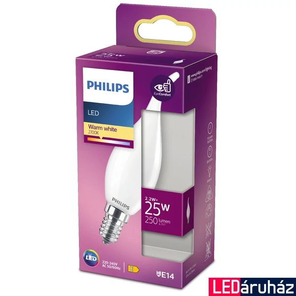 PHILIPS E14 gyertya BA35 LED fényforrás, 2700K melegfehér, 2,2 W, 250  lm, CRI 80, 8718699762933
