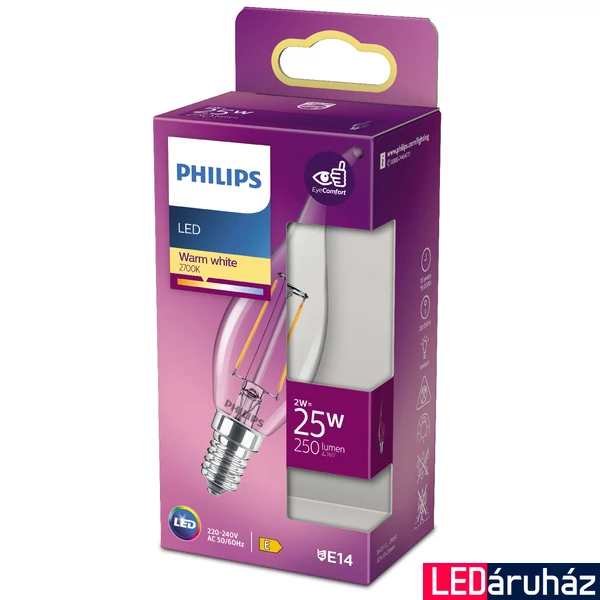 PHILIPS E14 gyertya BA35 LED fényforrás, 2700K melegfehér, 2 W, 250  lm, CRI 80, 8718699763190