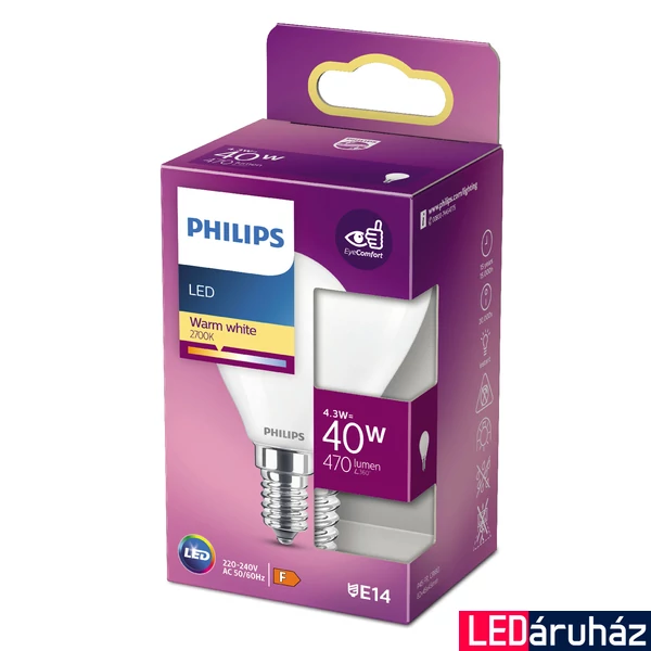 PHILIPS E14 kisgömb P45 LED fényforrás, 2700K melegfehér, 4,3 W, 470  lm, CRI 80, 8718699763435