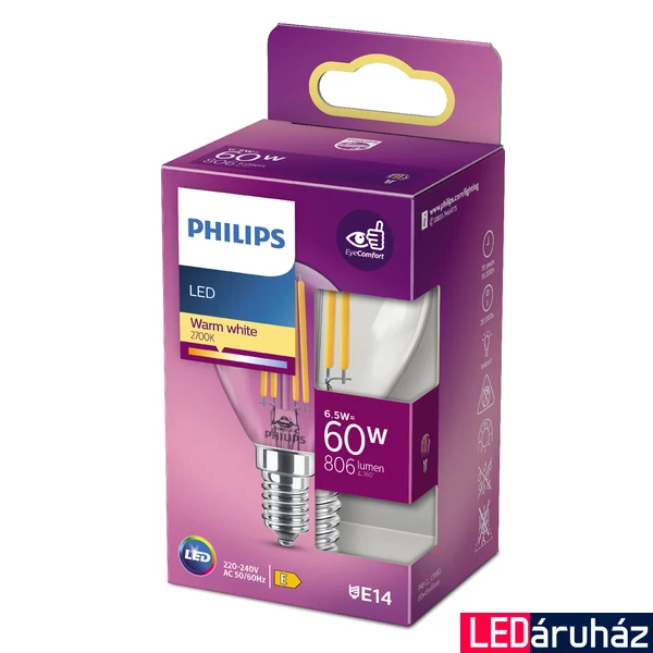 PHILIPS E14 kisgömb P45 LED fényforrás, 2700K melegfehér, 6,5 W, 806  lm, CRI 80, 8718699762292