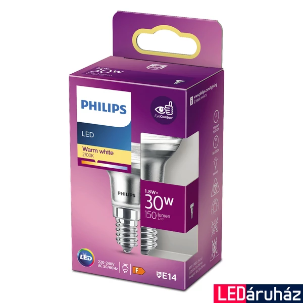 PHILIPS E14 spot R39 LED fényforrás, 2700K melegfehér, 1,8 W, 36°, CRI 80, 8718699773755