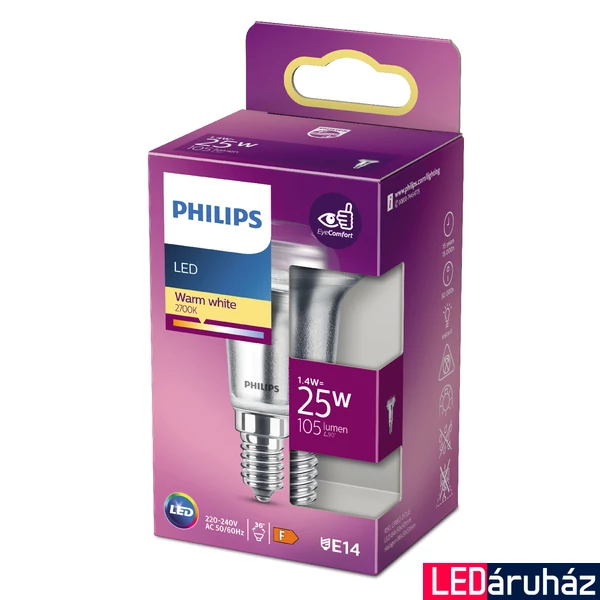PHILIPS E14 spot R50 LED fényforrás, 2700K melegfehér, 1,4 W, 36°, CRI 80, 8718699773779