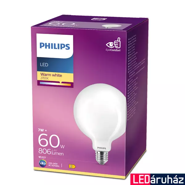 PHILIPS E27 Globe G120 LED fényforrás, 2700K melegfehér, 7 W, 806  lm, CRI 80, 8718699648176