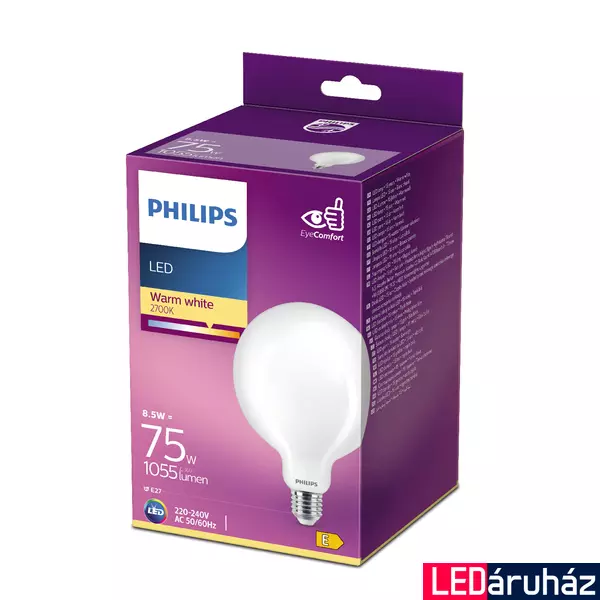 PHILIPS E27 Globe G120 LED fényforrás, 2700K melegfehér, 8,5 W, 1055  lm, CRI 80, 8718699764753