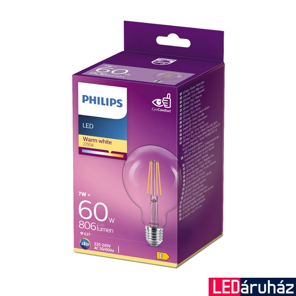 PHILIPS E27 Globe G93 LED fényforrás, 2700K melegfehér, 7 W, 806  lm, CRI 80, 8718696742457